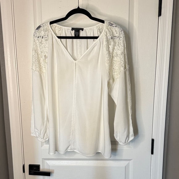 Karen Kane White Lace Sleeve Blouse - Picture 1 of 7